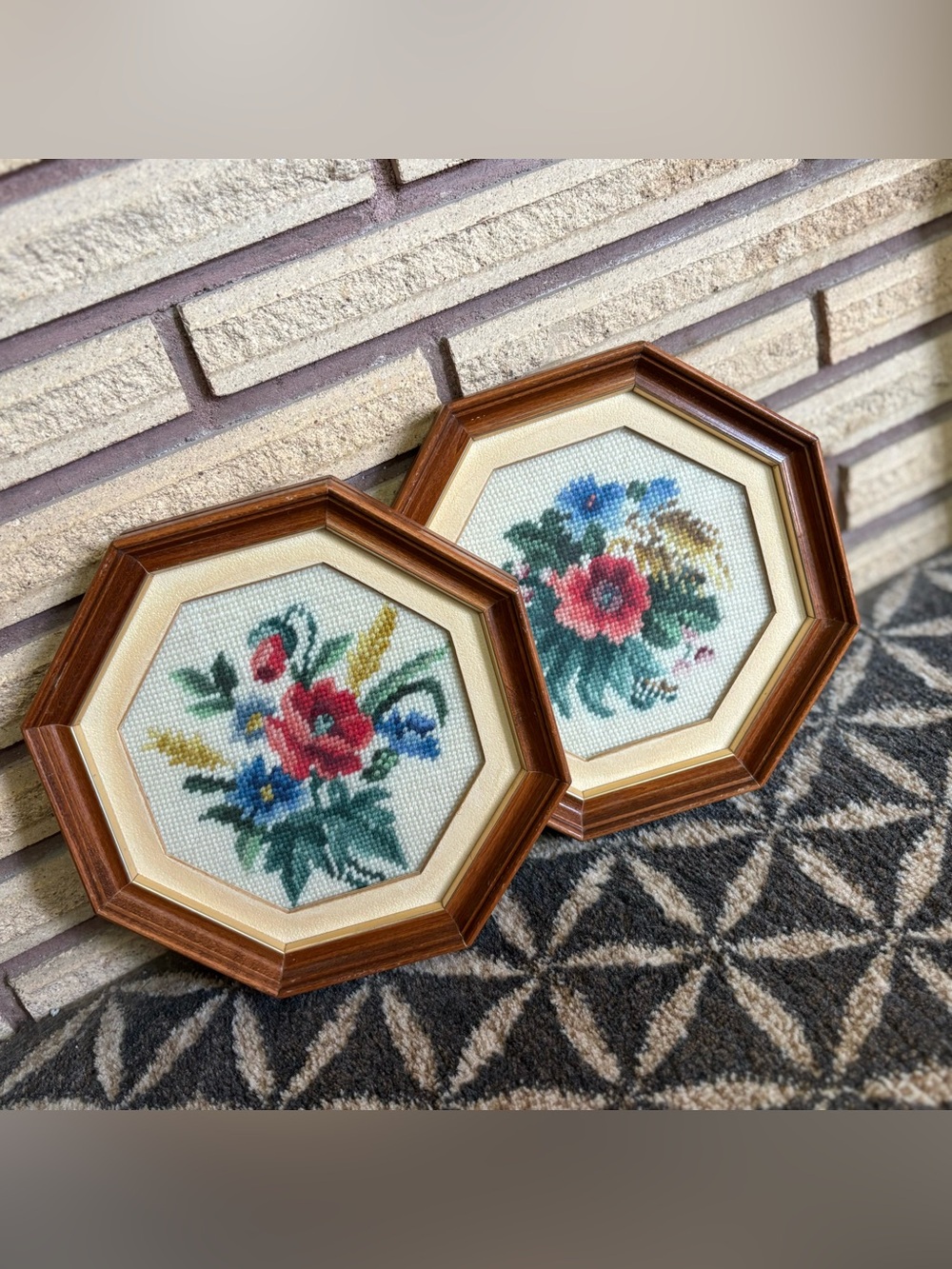 70's Floral Needlepoint Pictures - 2 - Victorian Art - Handmade Floral Pictures